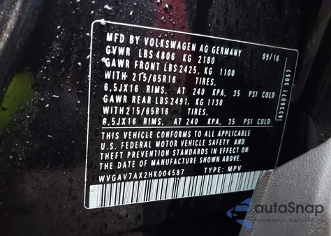 2017 Volkswagen Tiguan 2.0T/2.0T S z USA, uszkodzony, nr VIN WVGAV7AX2HK004587